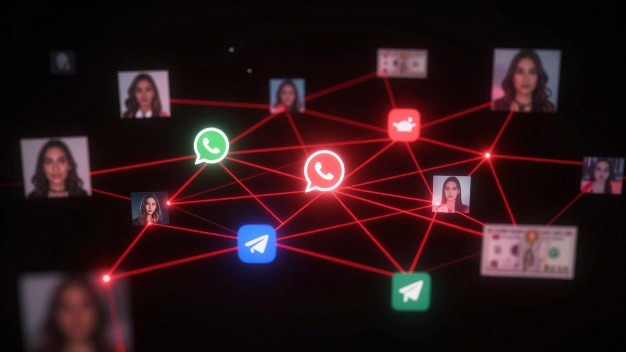 A digital network of encrypted messages and hidden transactions in a dark cyberpunk void, no faces visible.