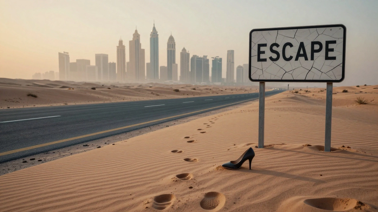 A single high-heeled shoe abandoned on a desert road at dawn, distant Dubai skyline shimmering in the heat.
