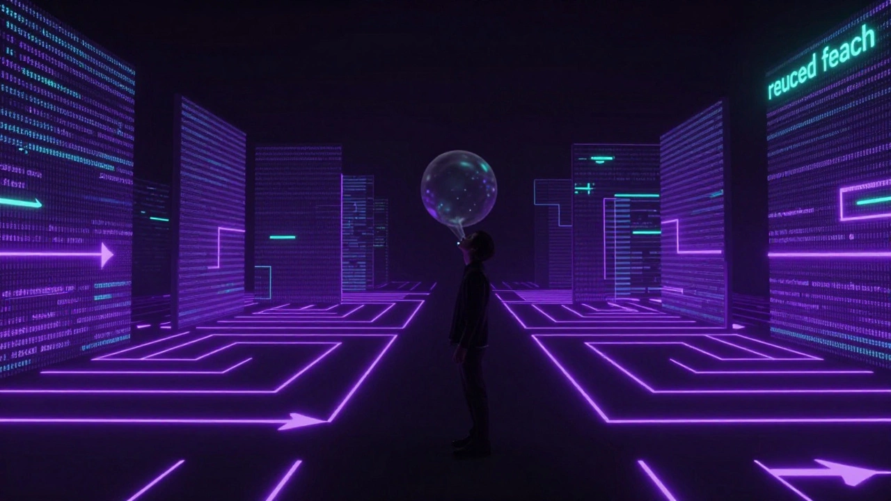 Person lost in a maze of digital hashtags, voice blocked by invisible algorithmic walls.