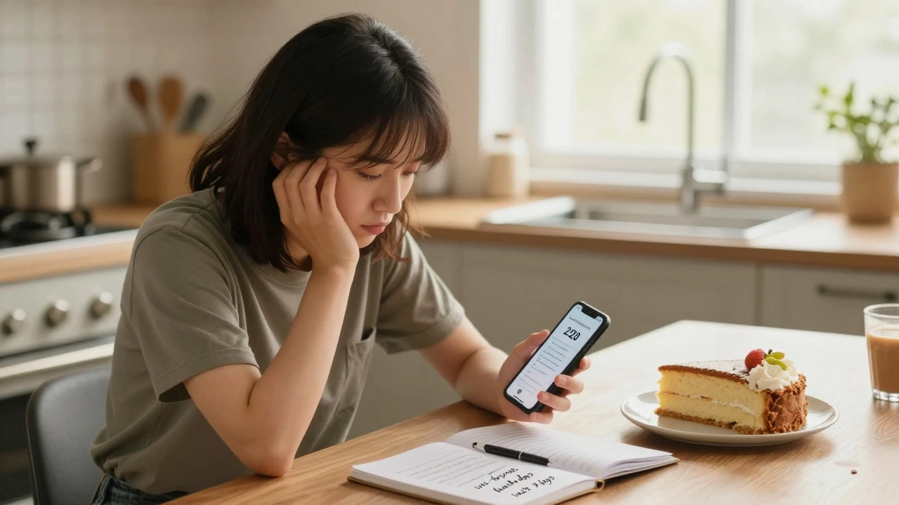 Small business owner reviewing phone with zero engagement, next to a half-finished cake.
